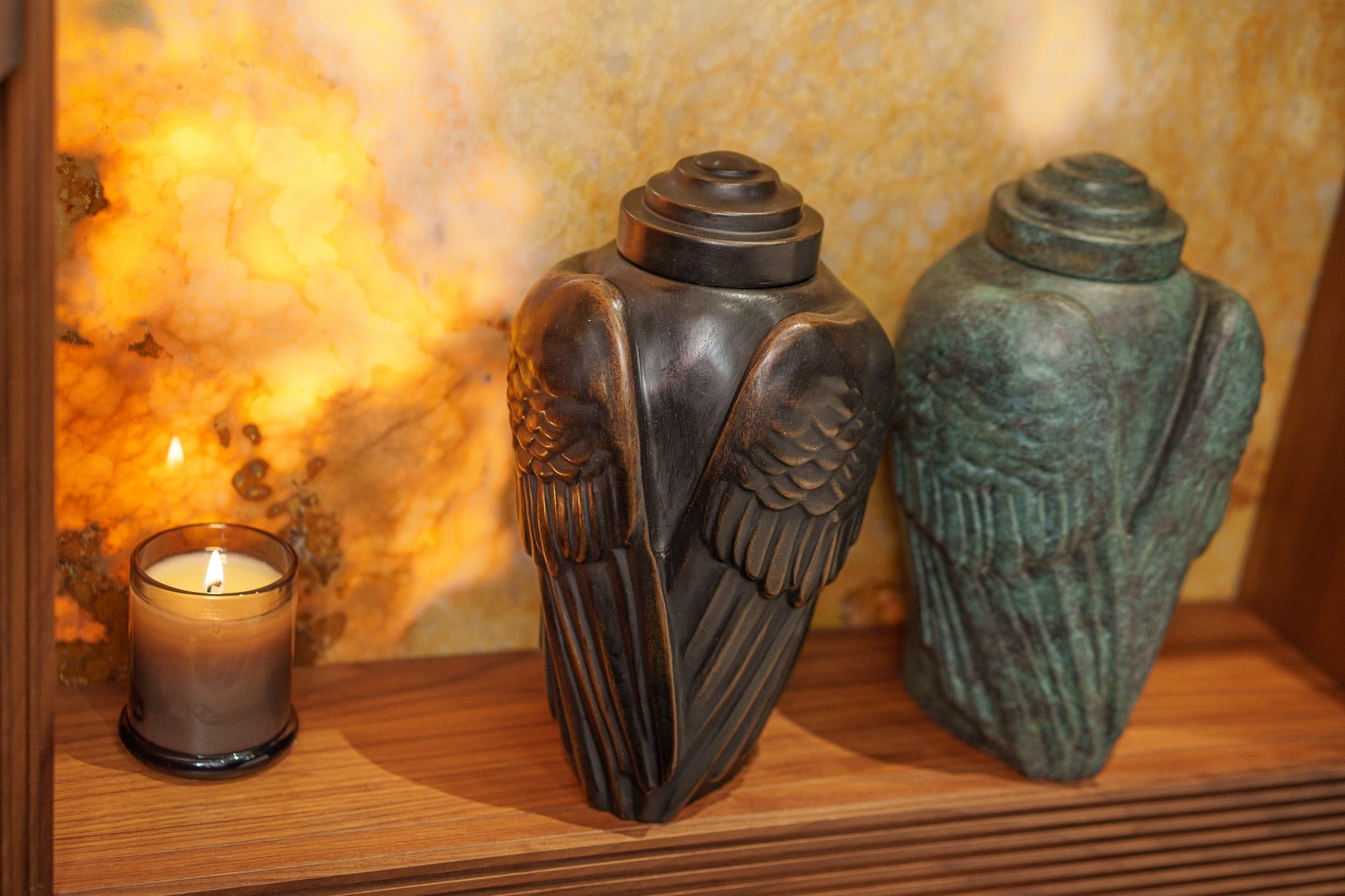 Pulvis Art Urns Exclusive Urn Cast Bronze Cremation Urn "Wings" - Green Patina | Exclusive Bronze Urn