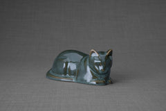 Mini Laying Cat Cremation Urn - Oily Green Melange | Ceramic