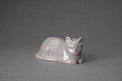 Mini Laying Cat Cremation Urn - Pearly White | Ceramic