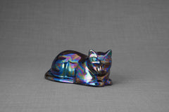 Mini Laying Cat Cremation Urn - Rainbow Black | Ceramic